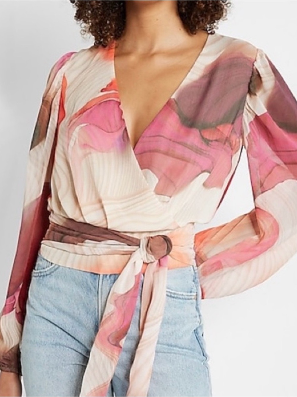 Express “Watercolor” Faux Wrap-Front Blouse - Picture 2 of 8